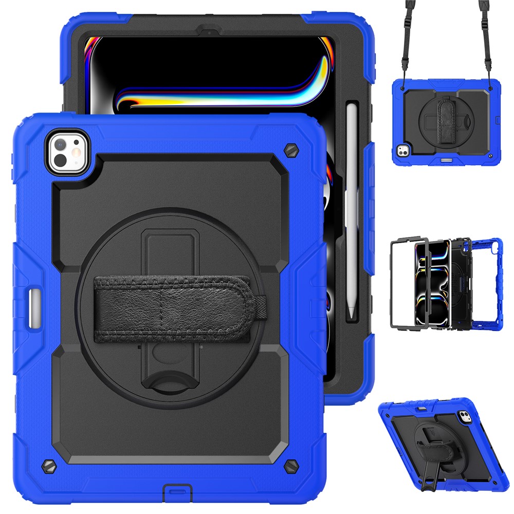 For iPad Pro 13 (2025) / 13 (2024) Kickstand Case PC+Silicone Tablet Cover with Screen Film / Shoulder Strap - Dark Blue