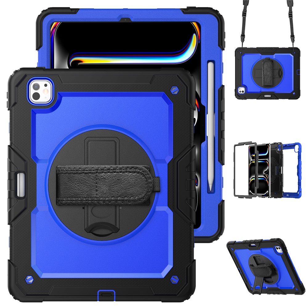 For iPad Pro 13 (2025) / 13 (2024) Kickstand Case PC+Silicone Tablet Cover with Screen Film / Shoulder Strap - Dark Blue+Black