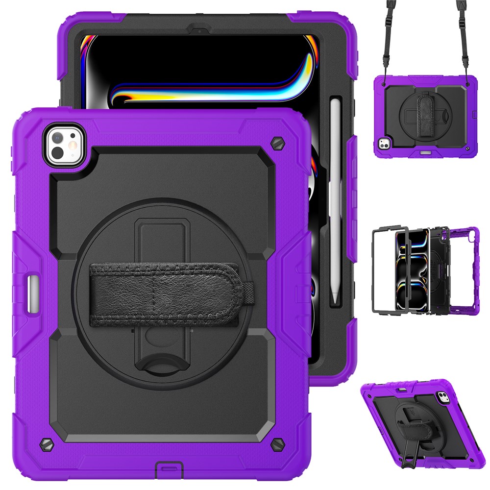 For iPad Pro 13 (2025) / 13 (2024) Kickstand Case PC+Silicone Tablet Cover with Screen Film / Shoulder Strap - Purple