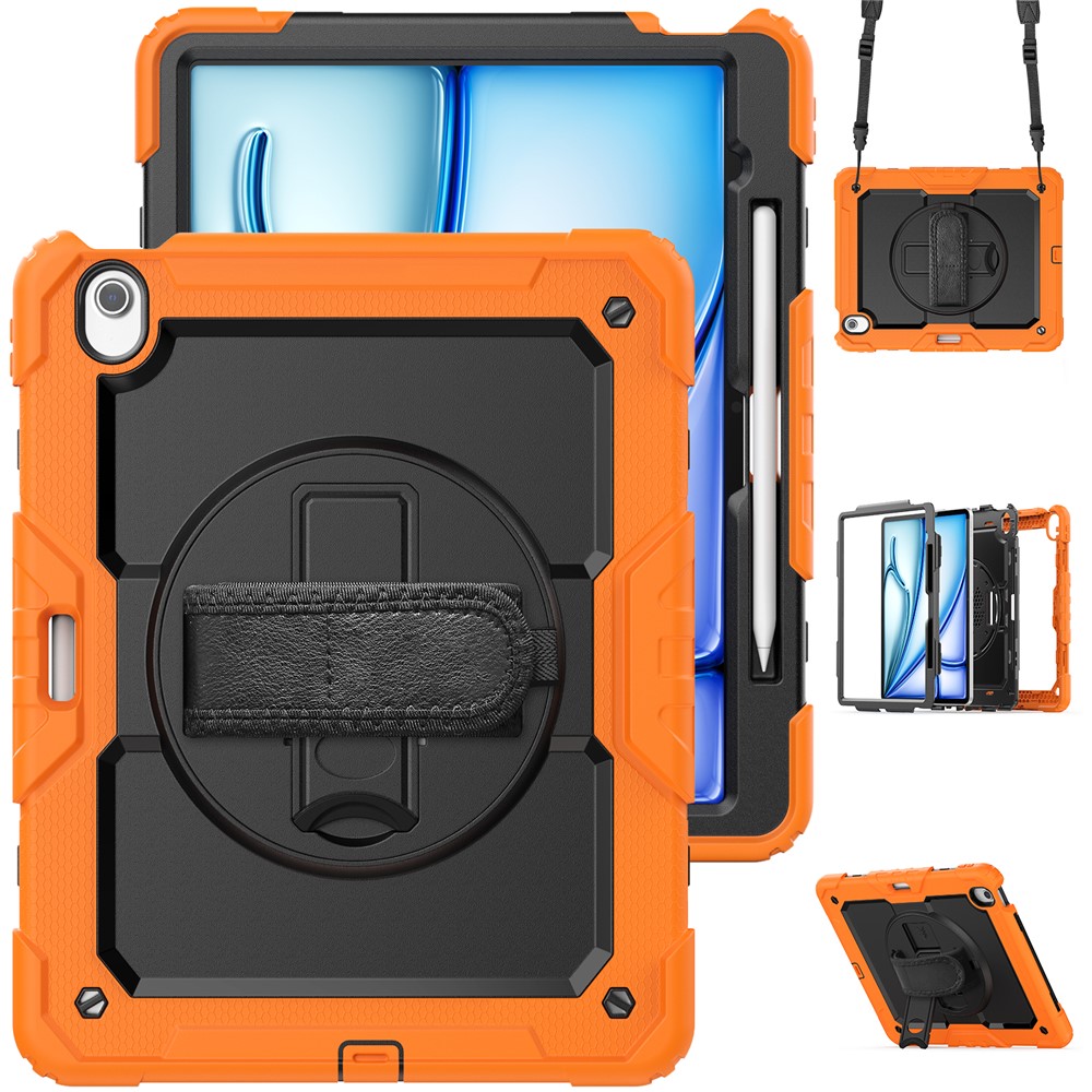 For iPad Air 13 (2025) / (2024) Case PC+Silicone Dust-Proof Tablet Cover with PET Screen Protector / Shoulder Strap - Orange