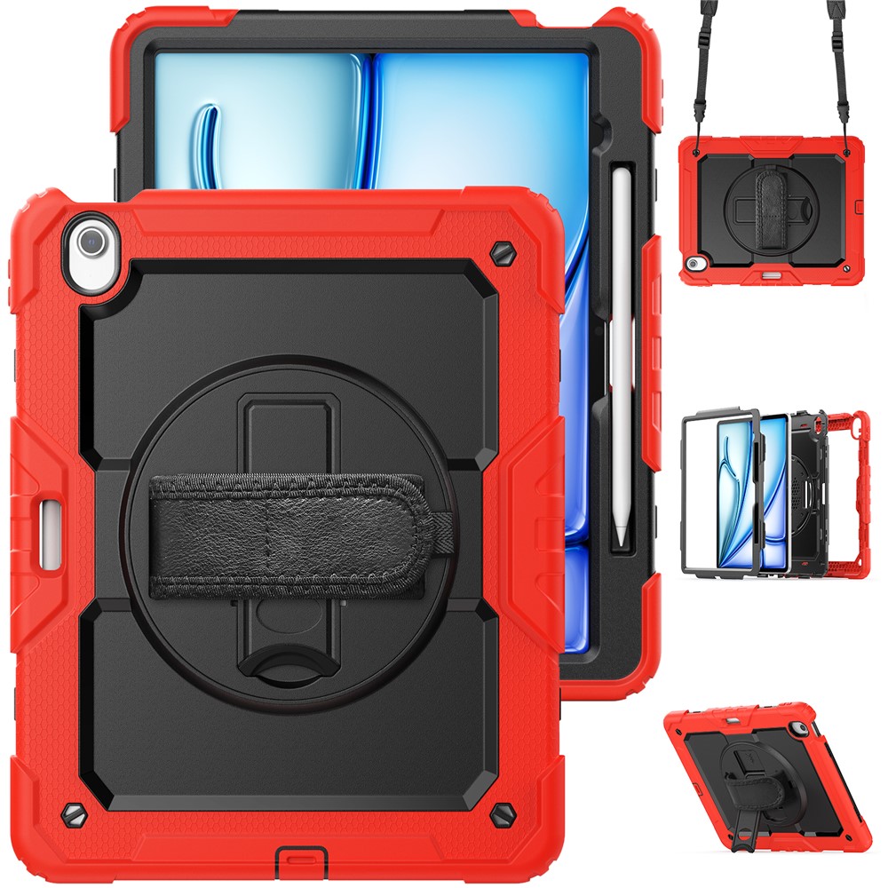 For iPad Air 13 (2025) / (2024) Case PC+Silicone Dust-Proof Tablet Cover with PET Screen Protector / Shoulder Strap - Red