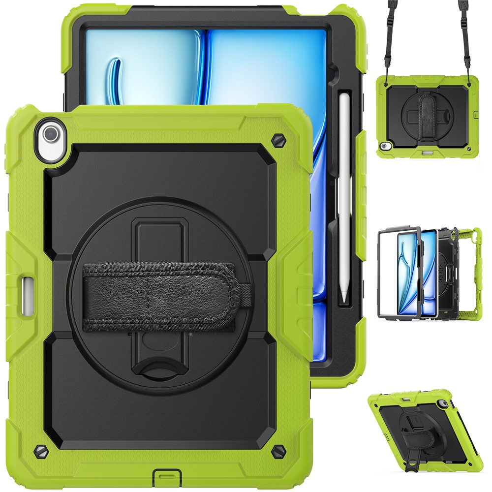 For iPad Air 13 (2025) / (2024) Case PC+Silicone Dust-Proof Tablet Cover with PET Screen Protector / Shoulder Strap - Yellowgreen