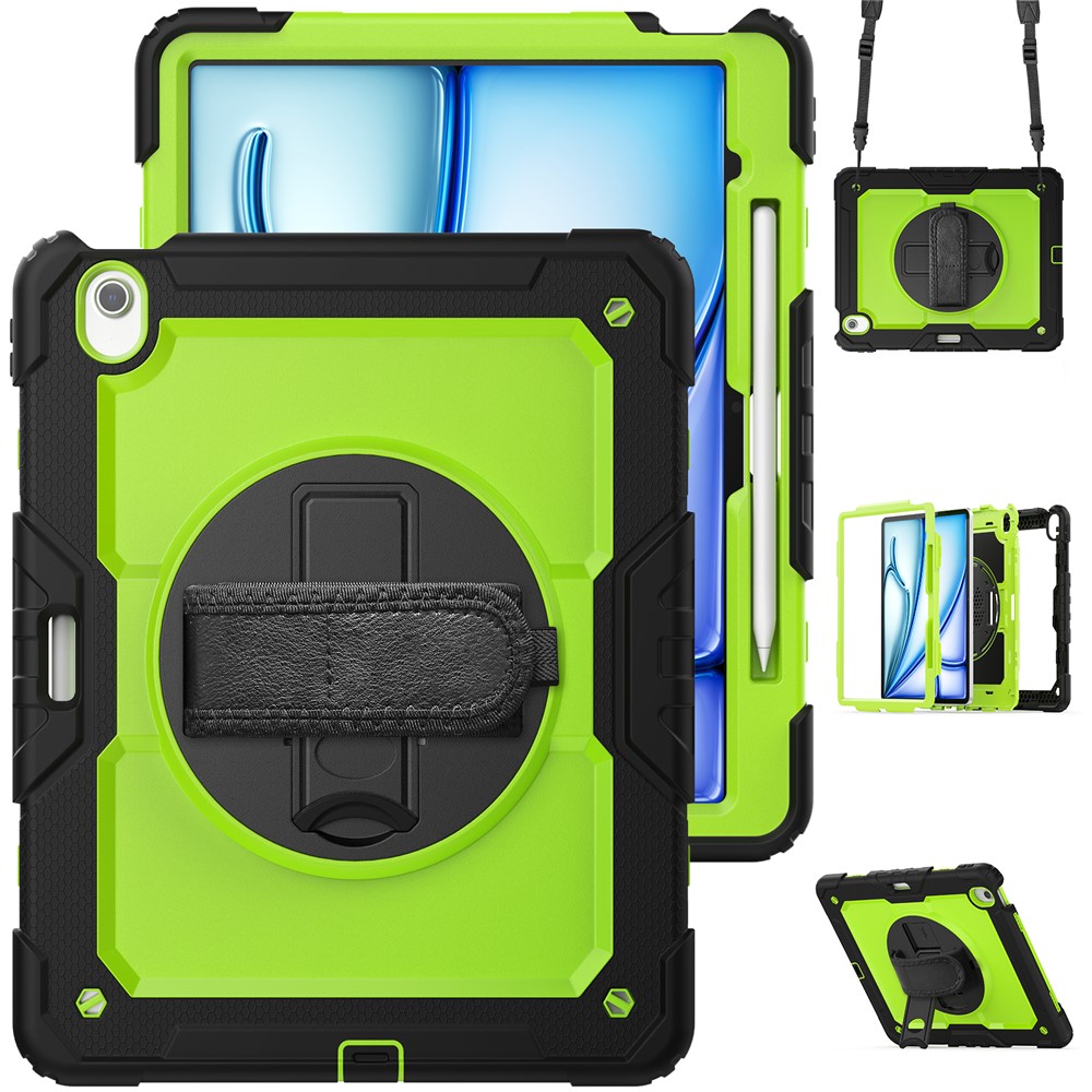For iPad Air 13 (2025) / (2024) Case PC+Silicone Dust-Proof Tablet Cover with PET Screen Protector / Shoulder Strap - Yellowgreen+Black