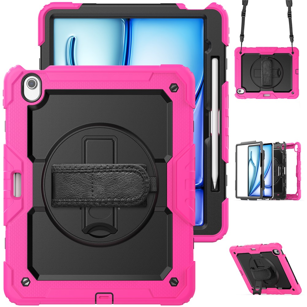 For iPad Air 13 (2025) / (2024) Case PC+Silicone Dust-Proof Tablet Cover with PET Screen Protector / Shoulder Strap - Rose