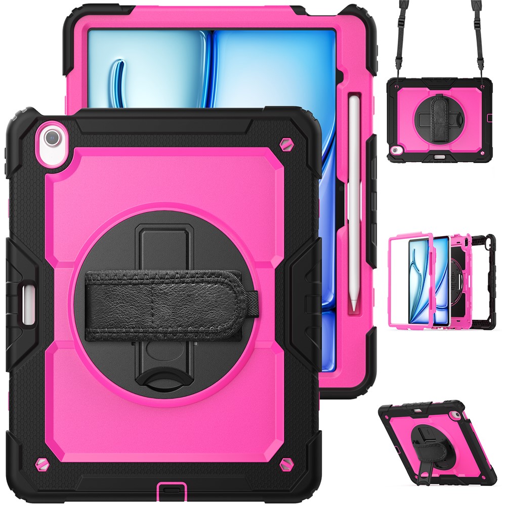 For iPad Air 13 (2025) / (2024) Case PC+Silicone Dust-Proof Tablet Cover with PET Screen Protector / Shoulder Strap - Rose+Black