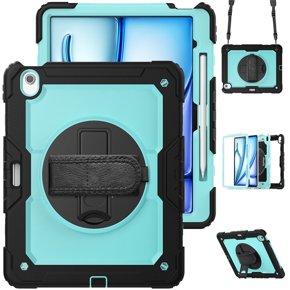 For iPad Air 13 (2025) / (2024) Case PC+Silicone Dust-Proof Tablet Cover with PET Screen Protector / Shoulder Strap - Baby Blue+Black