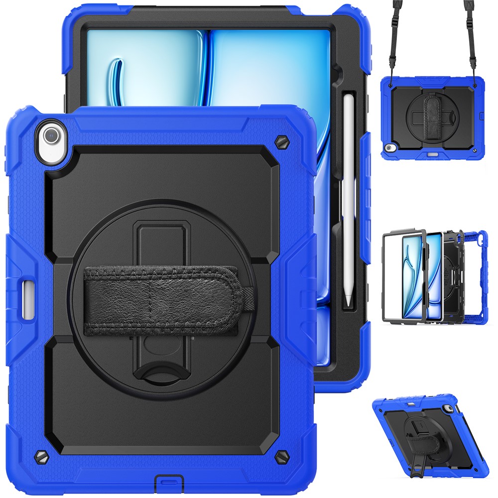 For iPad Air 13 (2025) / (2024) Case PC+Silicone Dust-Proof Tablet Cover with PET Screen Protector / Shoulder Strap - Dark Blue