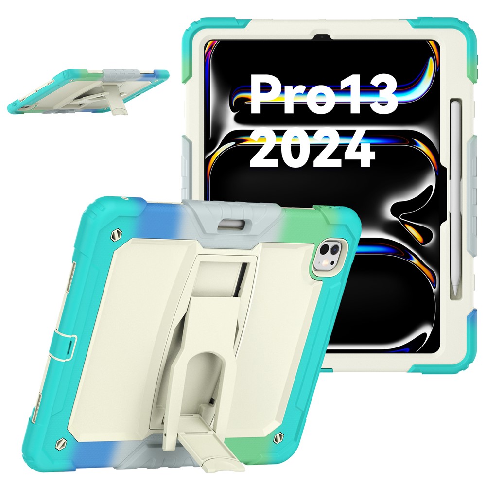 For iPad Pro 13 (2025) / 13 (2024) Case PC+Silicone Tablet Cover with Pen Slot and Shoulder Strap - Camo Baby Blue
