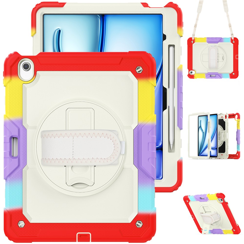 For iPad Air 13 (2025) / (2024) Case Hand Strap Kickstand PC+Silicone Tablet Cover with PET Screen Film - Colorful Red