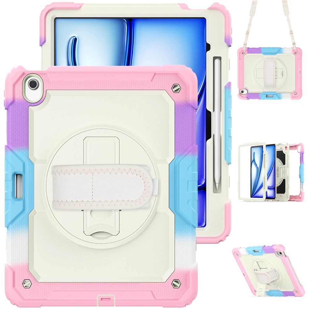 For iPad Air 13 (2025) / (2024) Case Hand Strap Kickstand PC+Silicone Tablet Cover with PET Screen Film - Colorful Pink