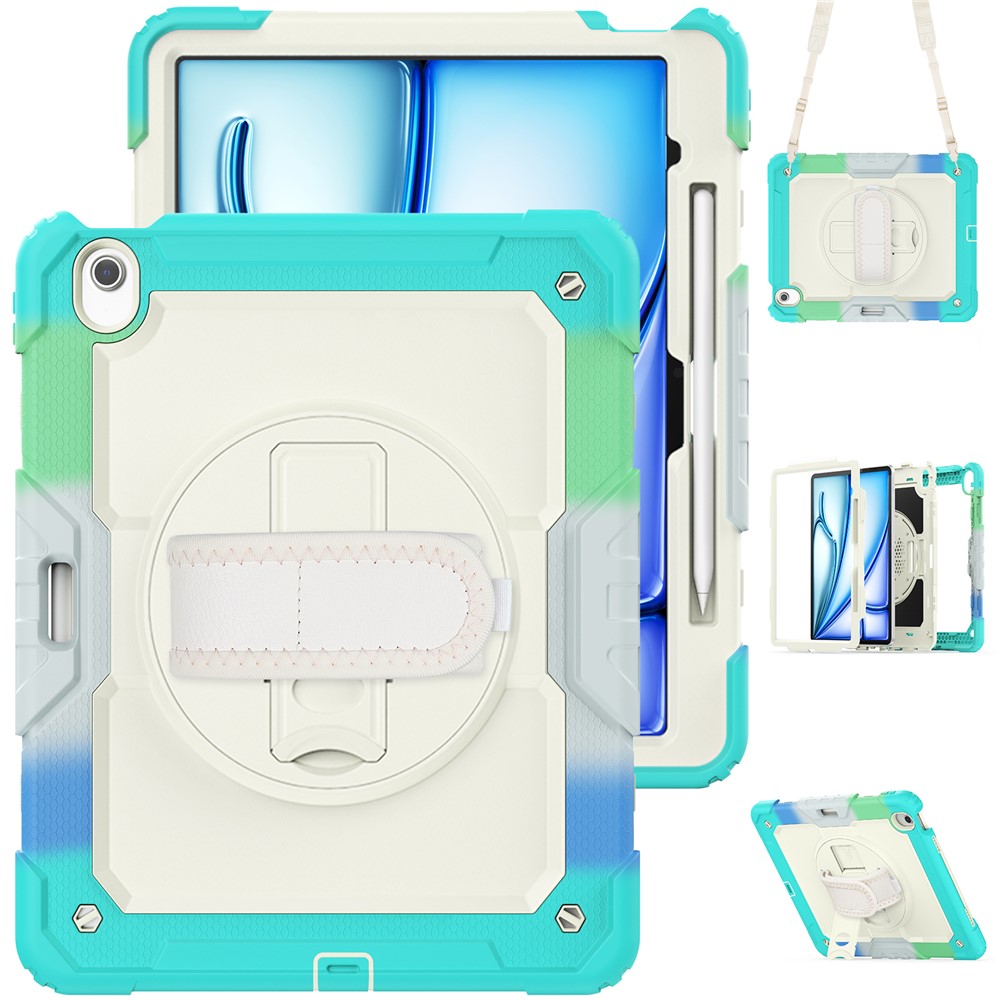 For iPad Air 13 (2025) / (2024) Case Hand Strap Kickstand PC+Silicone Tablet Cover with PET Screen Film - Colorful Baby Blue