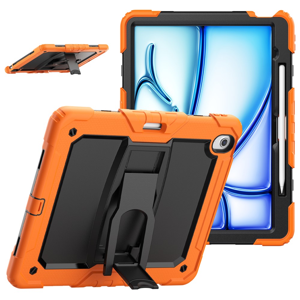 For iPad Air 13 (2025) / (2024) Case PC+Silicone Kickstand Pen Slot Tablet Cover with Shoulder Strap - Orange