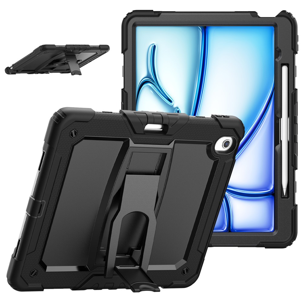 For iPad Air 13 (2025) / (2024) Case PC+Silicone Kickstand Pen Slot Tablet Cover with Shoulder Strap - Black