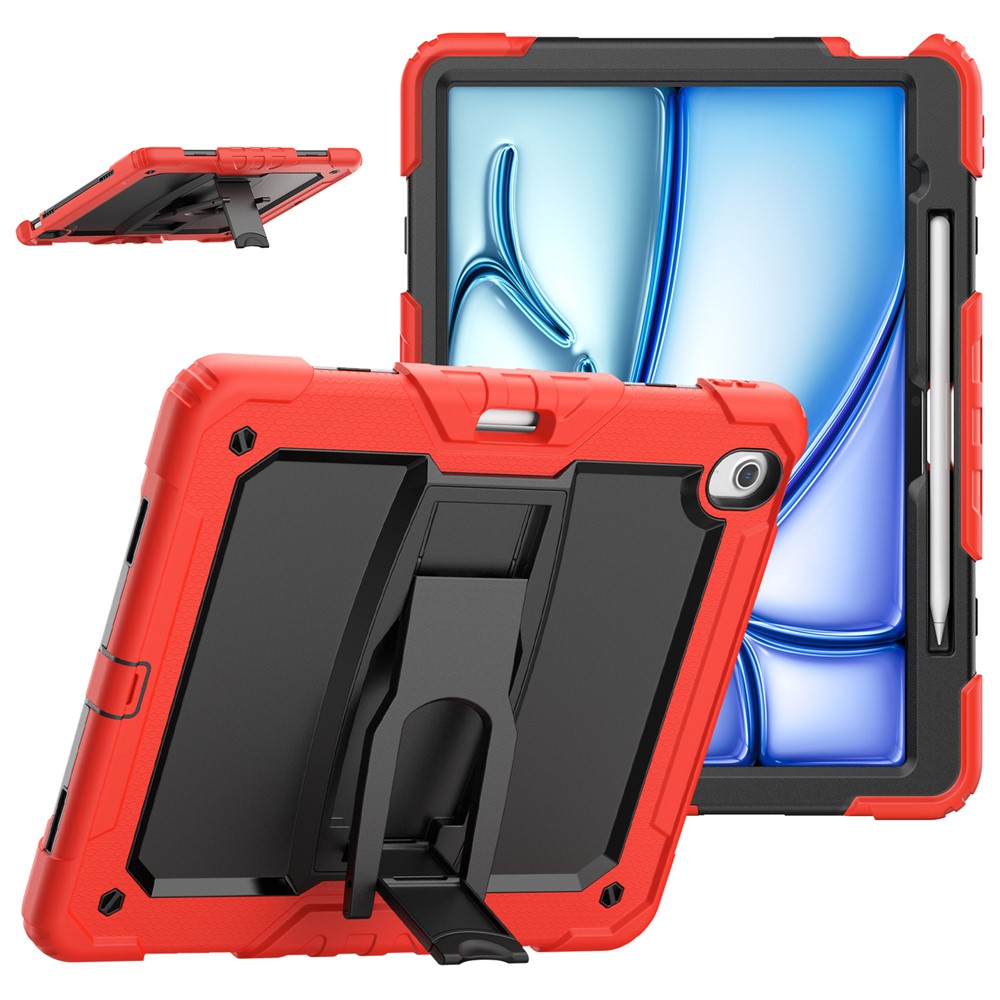 For iPad Air 13 (2025) / (2024) Case PC+Silicone Kickstand Pen Slot Tablet Cover with Shoulder Strap - Red