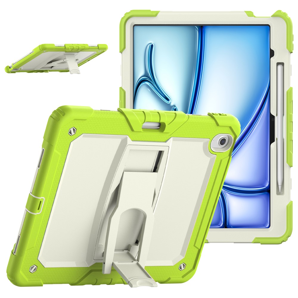 For iPad Air 13 (2025) / (2024) Case PC+Silicone Kickstand Pen Slot Tablet Cover with Shoulder Strap - Beige+Lime
