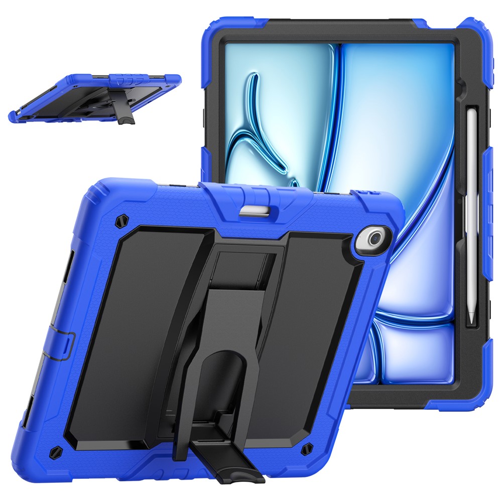 For iPad Air 13 (2025) / (2024) Case PC+Silicone Kickstand Pen Slot Tablet Cover with Shoulder Strap - Dark Blue