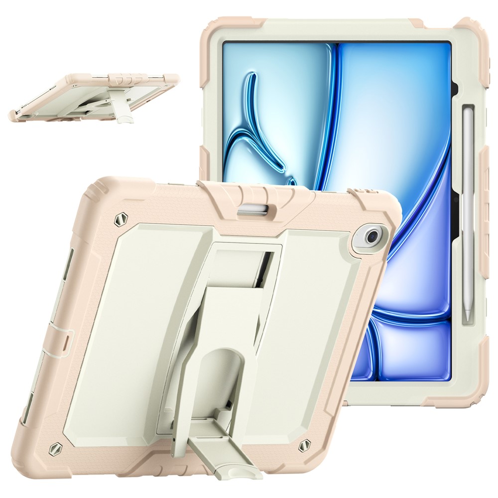 For iPad Air 13 (2025) / (2024) Case PC+Silicone Kickstand Pen Slot Tablet Cover with Shoulder Strap - Beige+Rose Gold