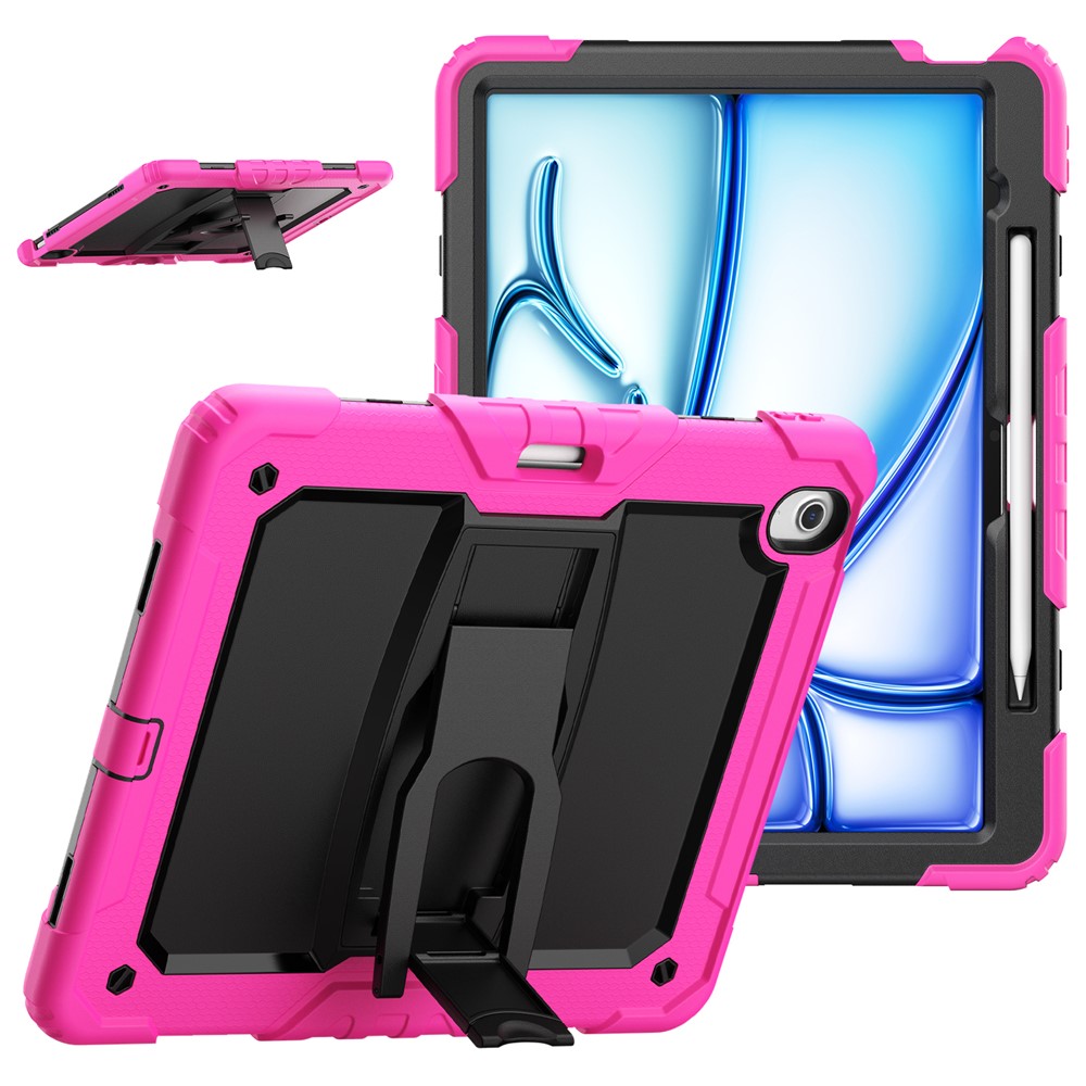 For iPad Air 13 (2025) / (2024) Case PC+Silicone Kickstand Pen Slot Tablet Cover with Shoulder Strap - Rose