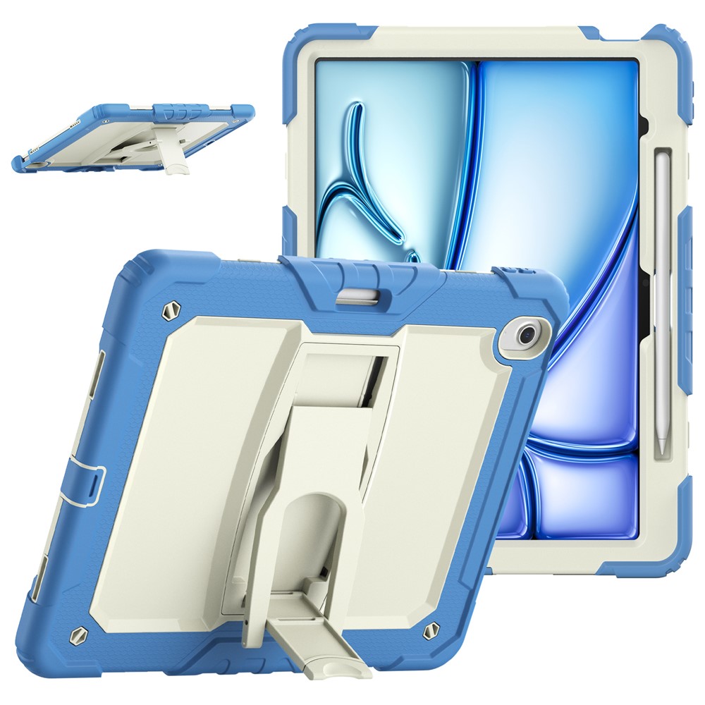 For iPad Air 13 (2025) / (2024) Case PC+Silicone Kickstand Pen Slot Tablet Cover with Shoulder Strap - Beige+Blue