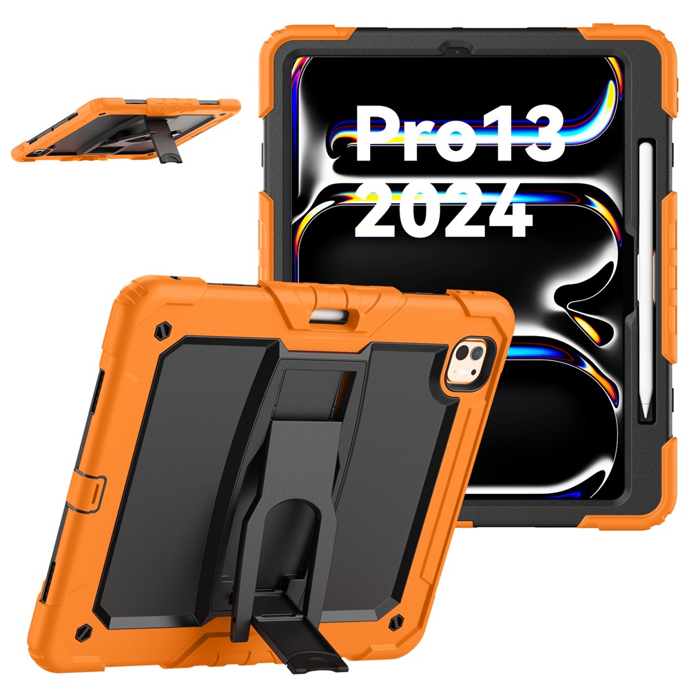 For iPad Pro 13 (2025) / 13 (2024) Kickstand Case PC+Silicone Tablet Cover with Pen Slot / Shoulder Strap - Orange