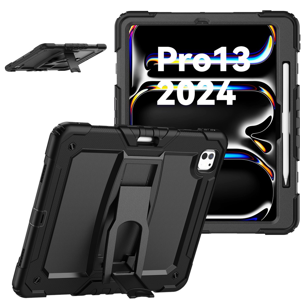For iPad Pro 13 (2025) / 13 (2024) Kickstand Case PC+Silicone Tablet Cover with Pen Slot / Shoulder Strap - Black