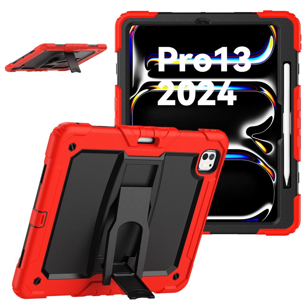 For iPad Pro 13 (2025) / 13 (2024) Kickstand Case PC+Silicone Tablet Cover with Pen Slot / Shoulder Strap - Red