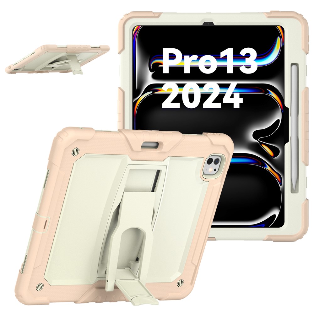 For iPad Pro 13 (2025) / 13 (2024) Kickstand Case PC+Silicone Tablet Cover with Pen Slot / Shoulder Strap - Beige+Rose Gold