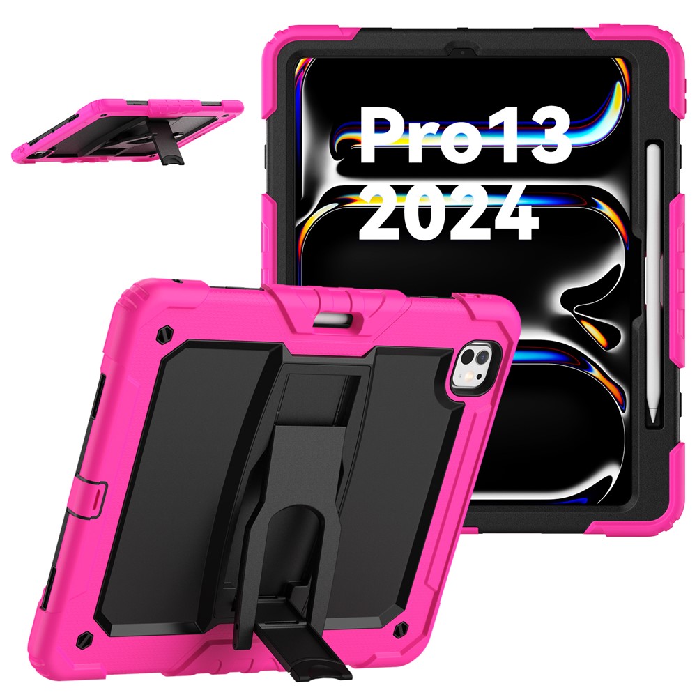 For iPad Pro 13 (2025) / 13 (2024) Kickstand Case PC+Silicone Tablet Cover with Pen Slot / Shoulder Strap - Rose