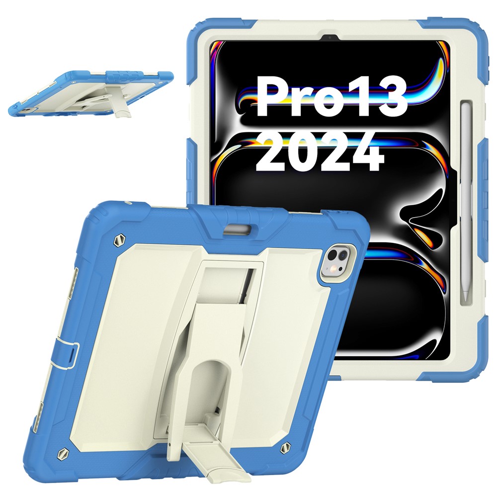 For iPad Pro 13 (2025) / 13 (2024) Kickstand Case PC+Silicone Tablet Cover with Pen Slot / Shoulder Strap - Beige+Blue