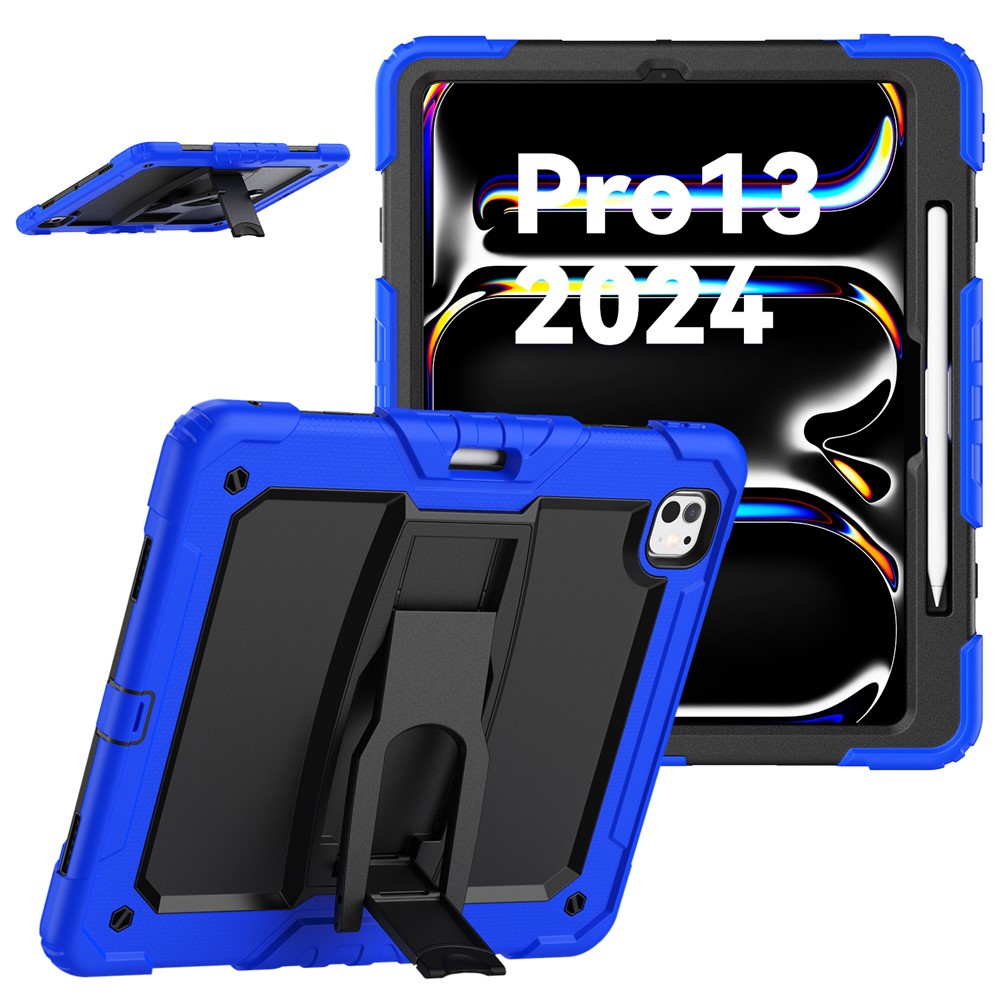 For iPad Pro 13 (2025) / 13 (2024) Kickstand Case PC+Silicone Tablet Cover with Pen Slot / Shoulder Strap - Dark Blue