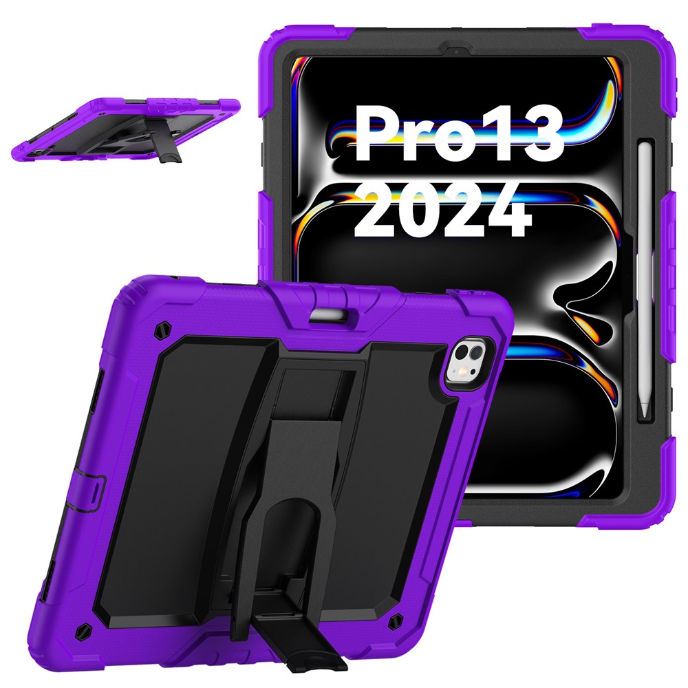 For iPad Pro 13 (2025) / 13 (2024) Kickstand Case PC+Silicone Tablet Cover with Pen Slot / Shoulder Strap - Purple