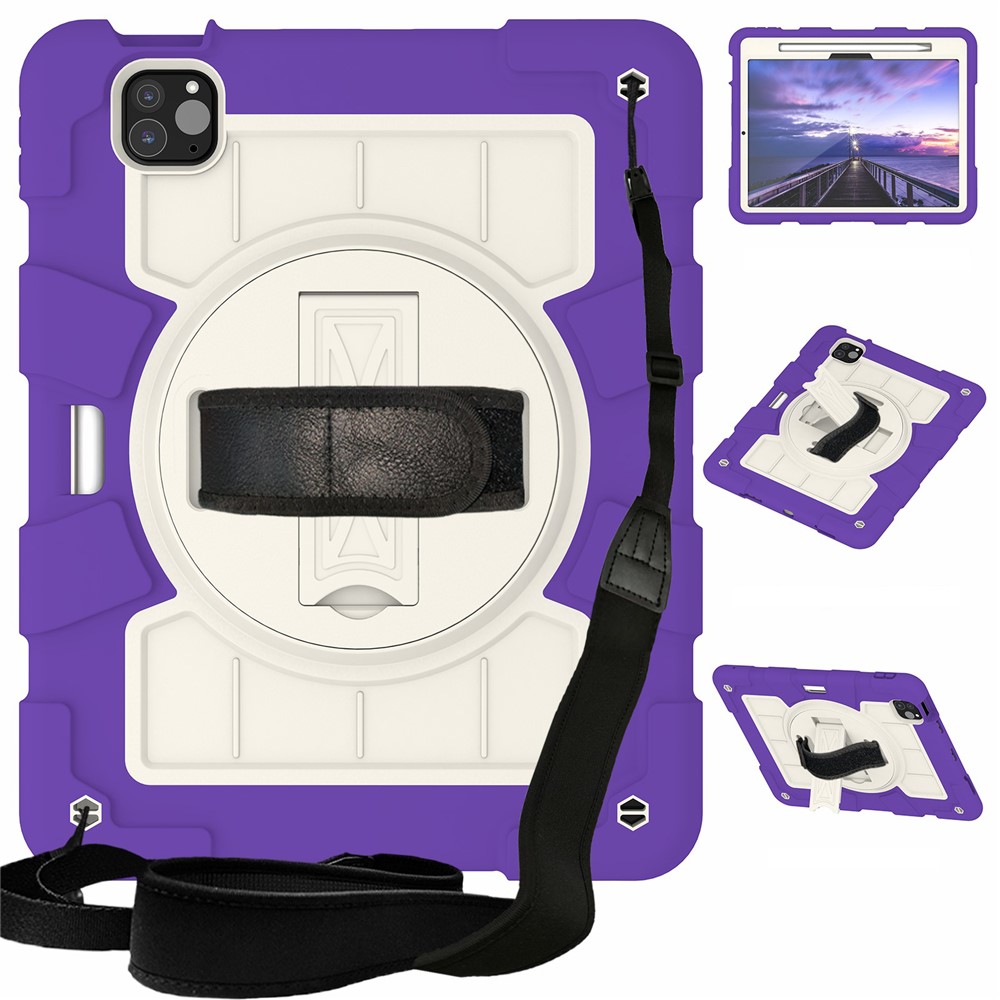 For iPad Pro 11 (2025) / 11 (2024) Kickstand Case with Shoulder Strap Rotating Hand Strap PC+TPU Tablet Cover - Purple