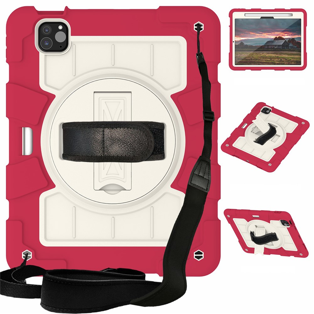 For iPad Pro 11 (2025) / 11 (2024) Kickstand Case with Shoulder Strap Rotating Hand Strap PC+TPU Tablet Cover - Red