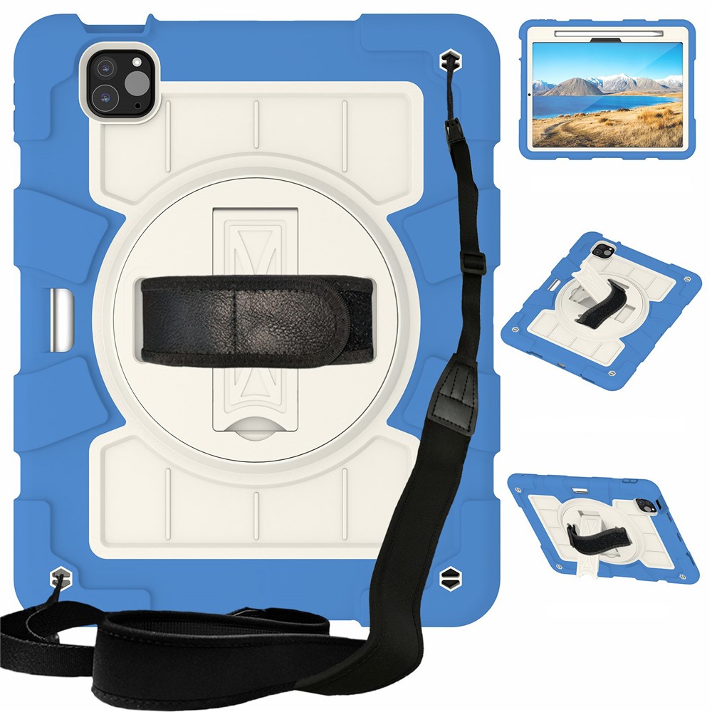 For iPad Pro 11 (2025) / 11 (2024) Kickstand Case with Shoulder Strap Rotating Hand Strap PC+TPU Tablet Cover - Sky Blue