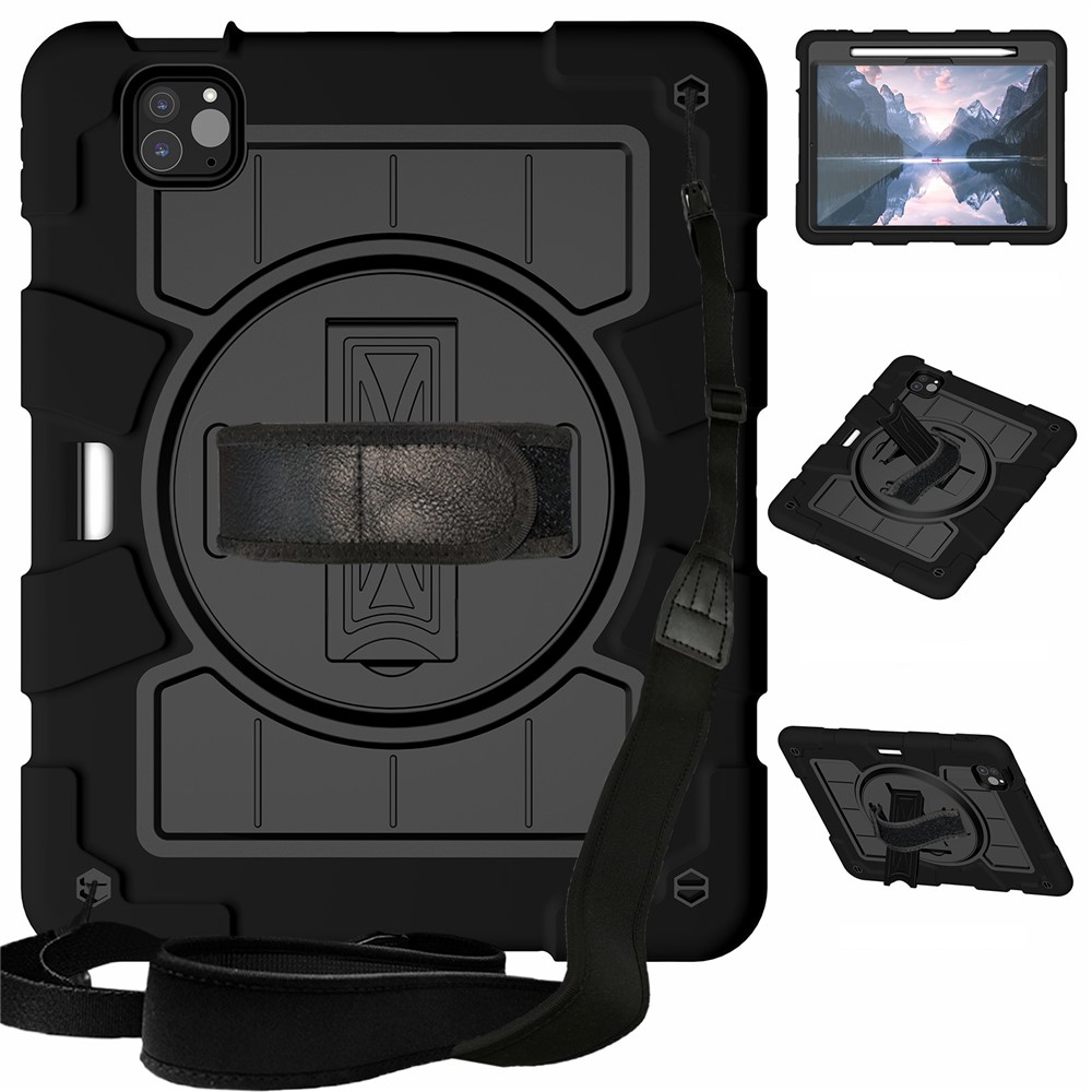 For iPad Pro 11 (2025) / 11 (2024) Kickstand Case with Shoulder Strap Rotating Hand Strap PC+TPU Tablet Cover - Black