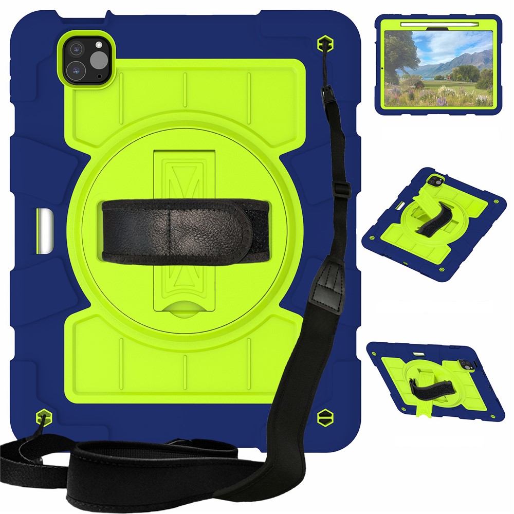 For iPad Pro 11 (2025) / 11 (2024) Kickstand Case with Shoulder Strap Rotating Hand Strap PC+TPU Tablet Cover - Navy Blue / Green