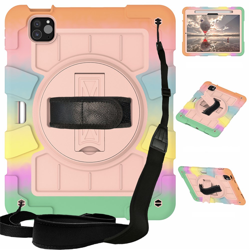 For iPad Pro 11 (2025) / 11 (2024) Kickstand Case with Shoulder Strap Rotating Hand Strap PC+TPU Tablet Cover - Colorful Gold