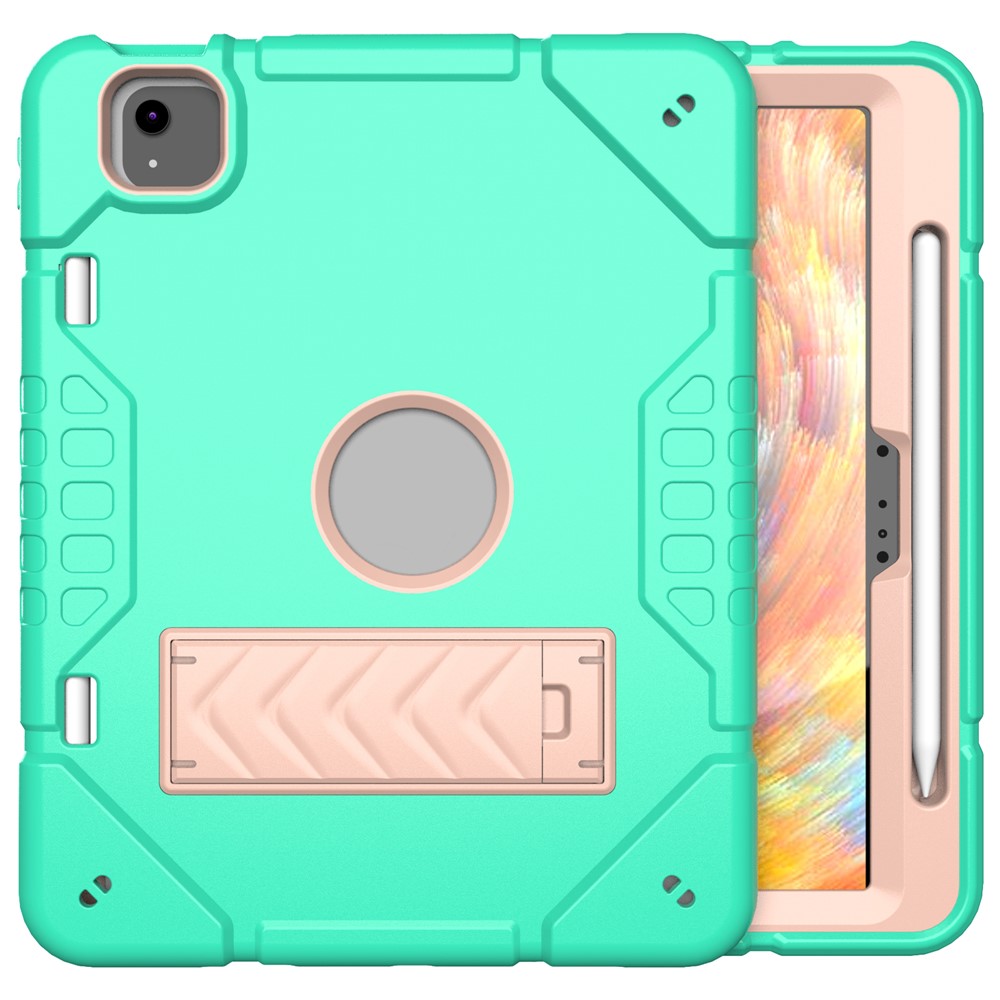For iPad Air 11 (2025) / (2024) M2 Case Rugged Kickstand PC+TPU Tablet Cover with Pen Slot - Mint Green+Rose Gold