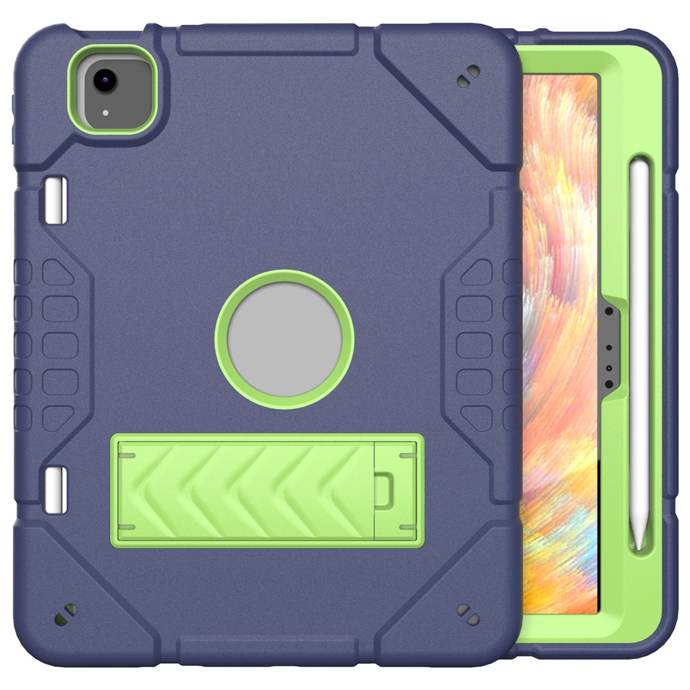 For iPad Air 11 (2025) / (2024) M2 Case Rugged Kickstand PC+TPU Tablet Cover with Pen Slot - Navy Blue+Yellowgreen