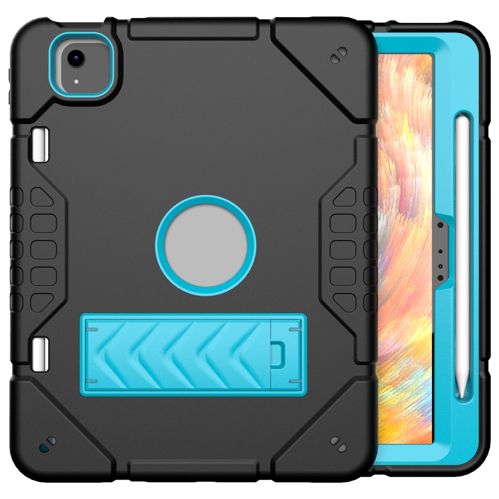 For iPad Air 11 (2025) / (2024) M2 Case Rugged Kickstand PC+TPU Tablet Cover with Pen Slot - Black+Blue