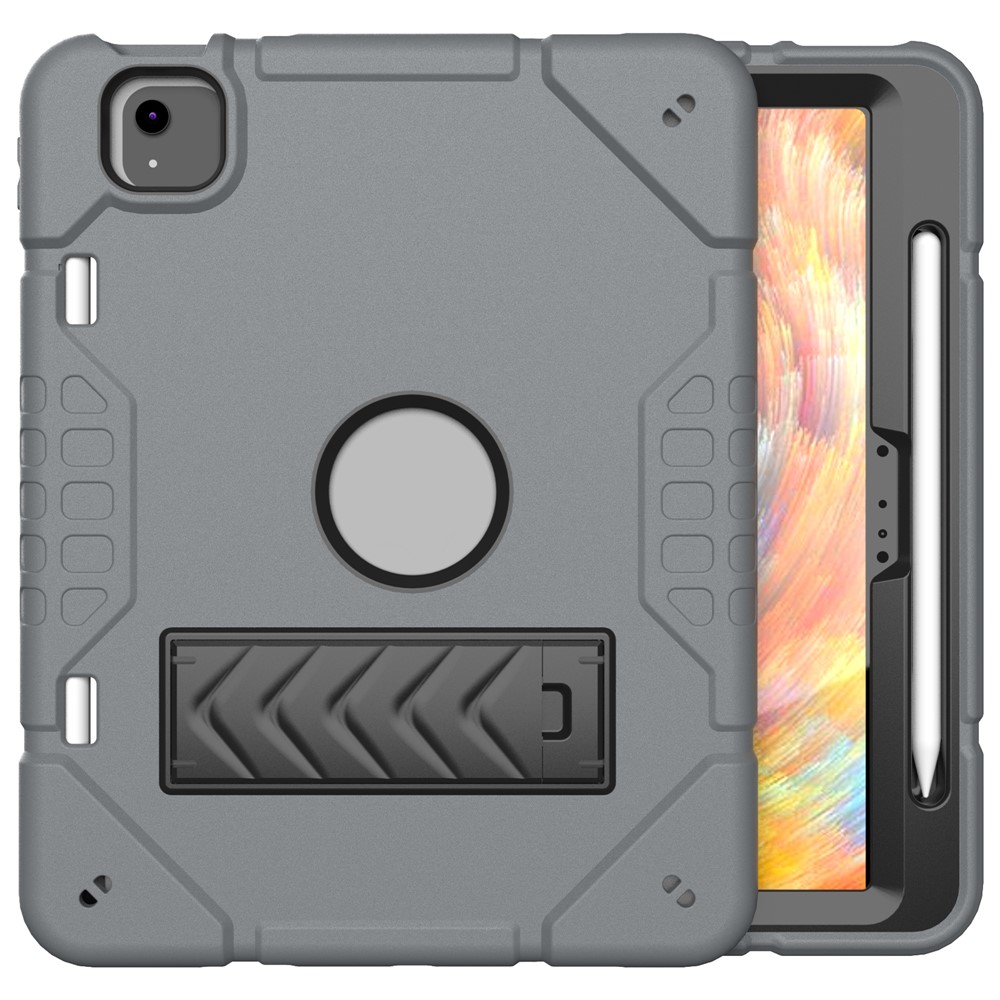 For iPad Air 11 (2025) / (2024) M2 Case Rugged Kickstand PC+TPU Tablet Cover with Pen Slot - Grey+Black