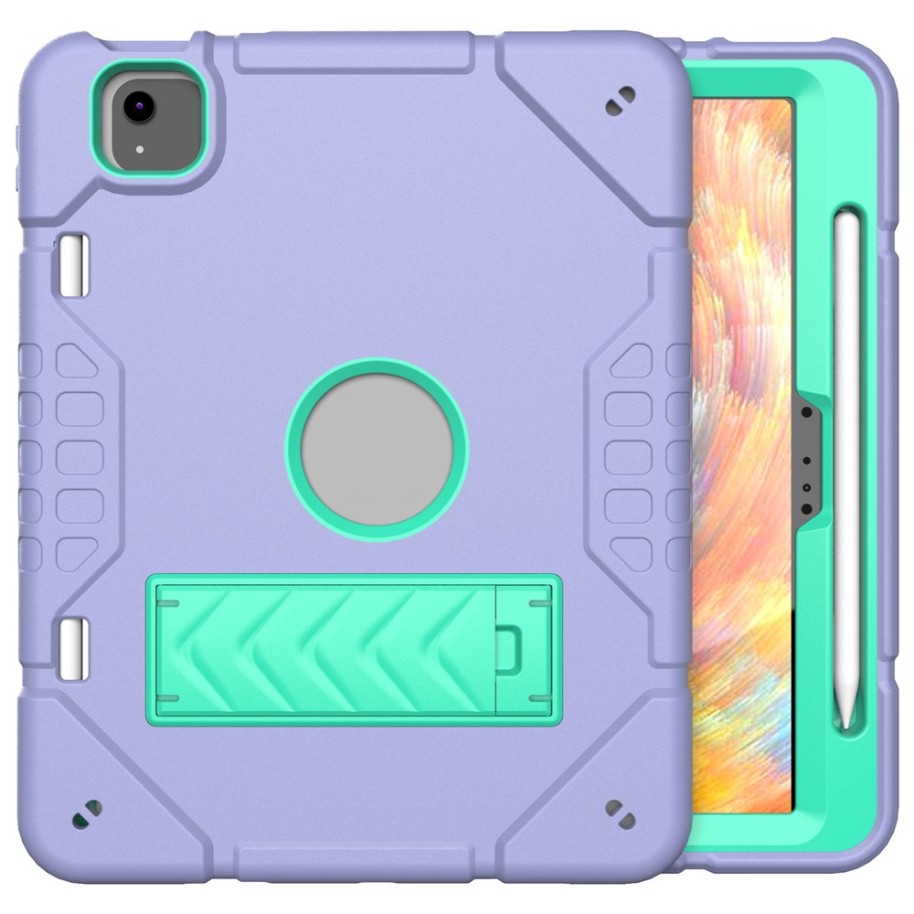 For iPad Air 11 (2025) / (2024) M2 Case Rugged Kickstand PC+TPU Tablet Cover with Pen Slot - Purple+Mint Green