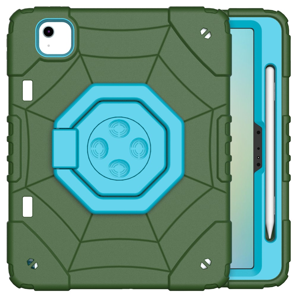 For iPad Air 11 (2025) / (2024) M2 Case TPU+PC Fidget Tablet Cover with Handle Kickstand and Pencil Holder - Army Green+Blue