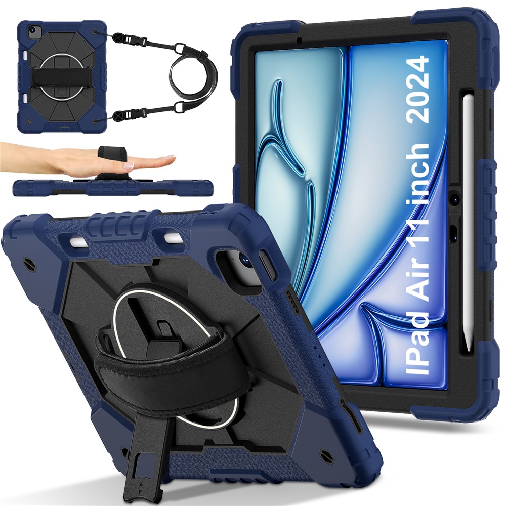 For iPad Air 11 (2025) / (2024) Case Silicone+PC Kickstand Tablet Cover with Shoulder Strap - Navy Blue / Black