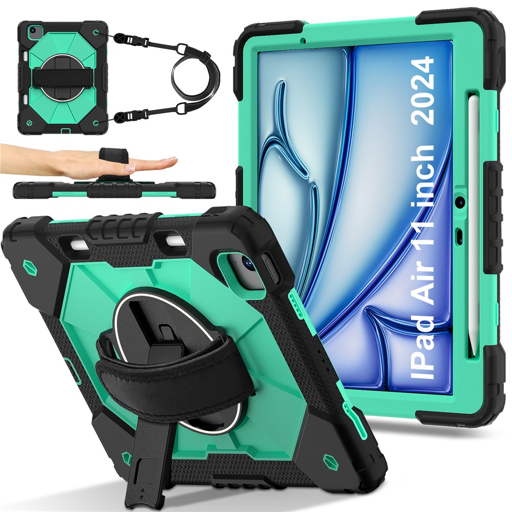 For iPad Air 11 (2025) / (2024) Case Silicone+PC Kickstand Tablet Cover with Shoulder Strap - Black / Mint Green