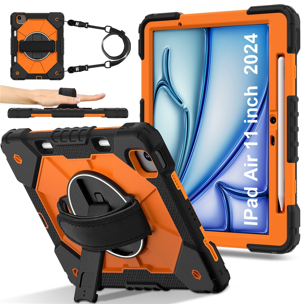 For iPad Air 11 (2025) / (2024) Case Silicone+PC Kickstand Tablet Cover with Shoulder Strap - Black / Orange