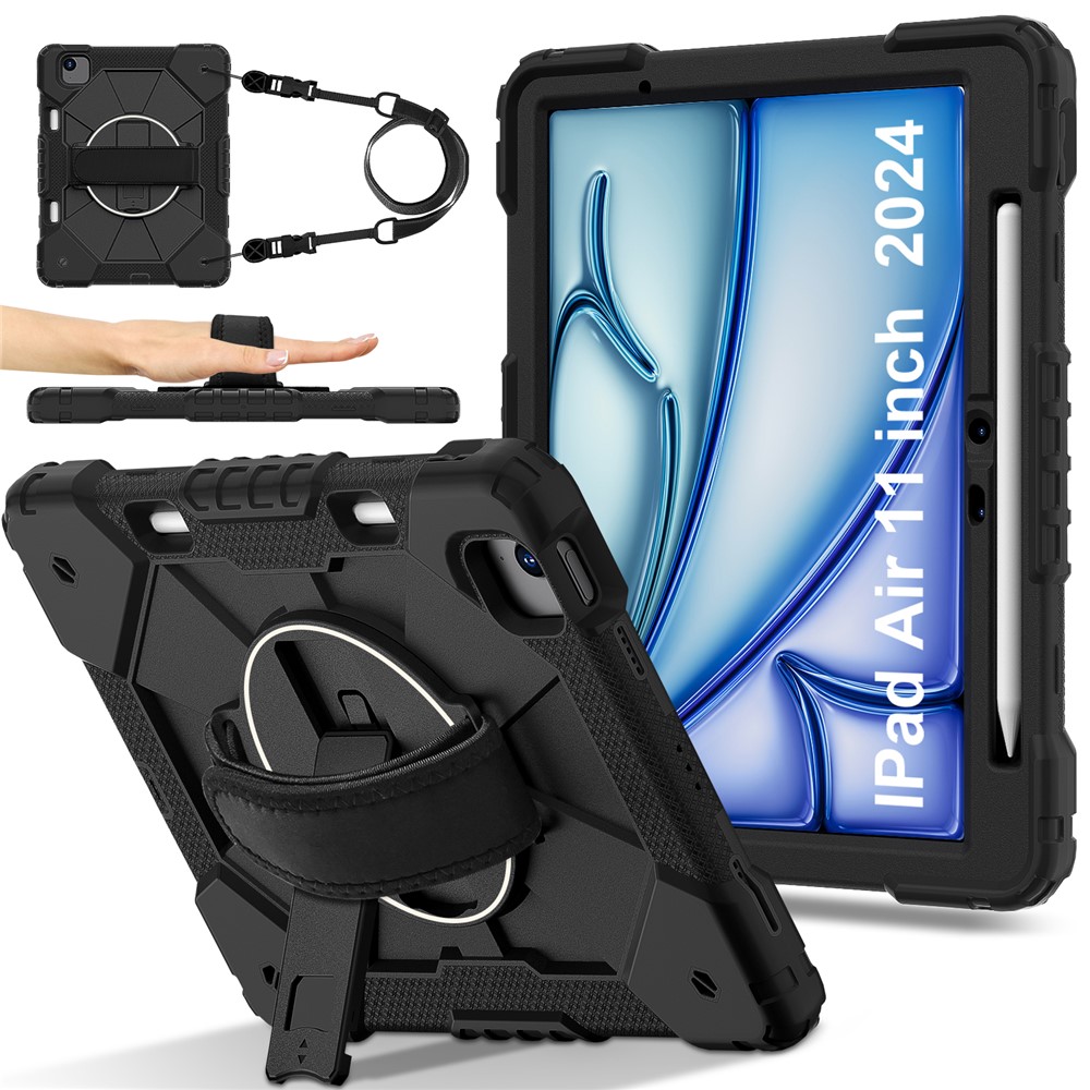 For iPad Air 11 (2025) / (2024) Case Silicone+PC Kickstand Tablet Cover with Shoulder Strap - Black