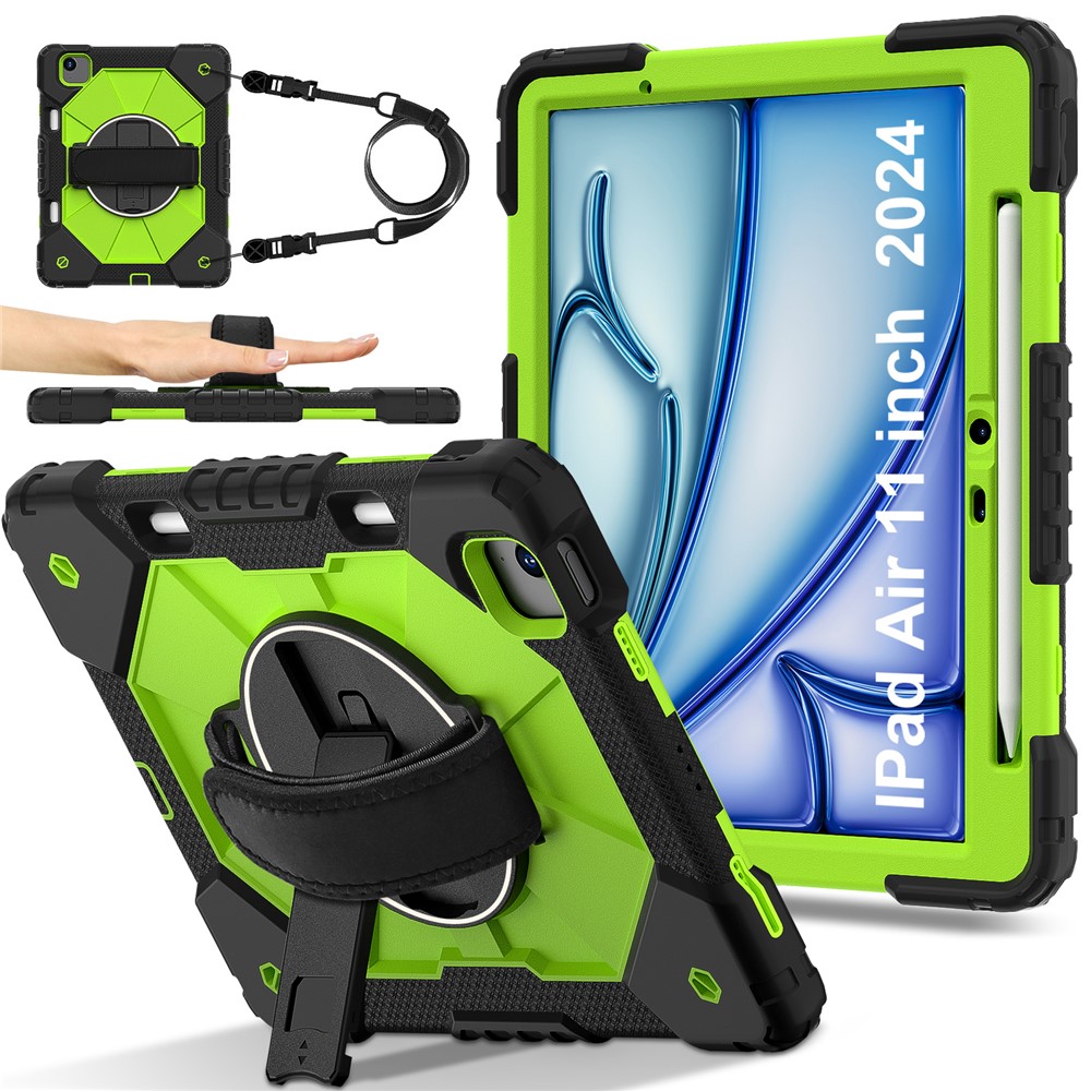 For iPad Air 11 (2025) / (2024) Case Silicone+PC Kickstand Tablet Cover with Shoulder Strap - Black / Yellowgreen