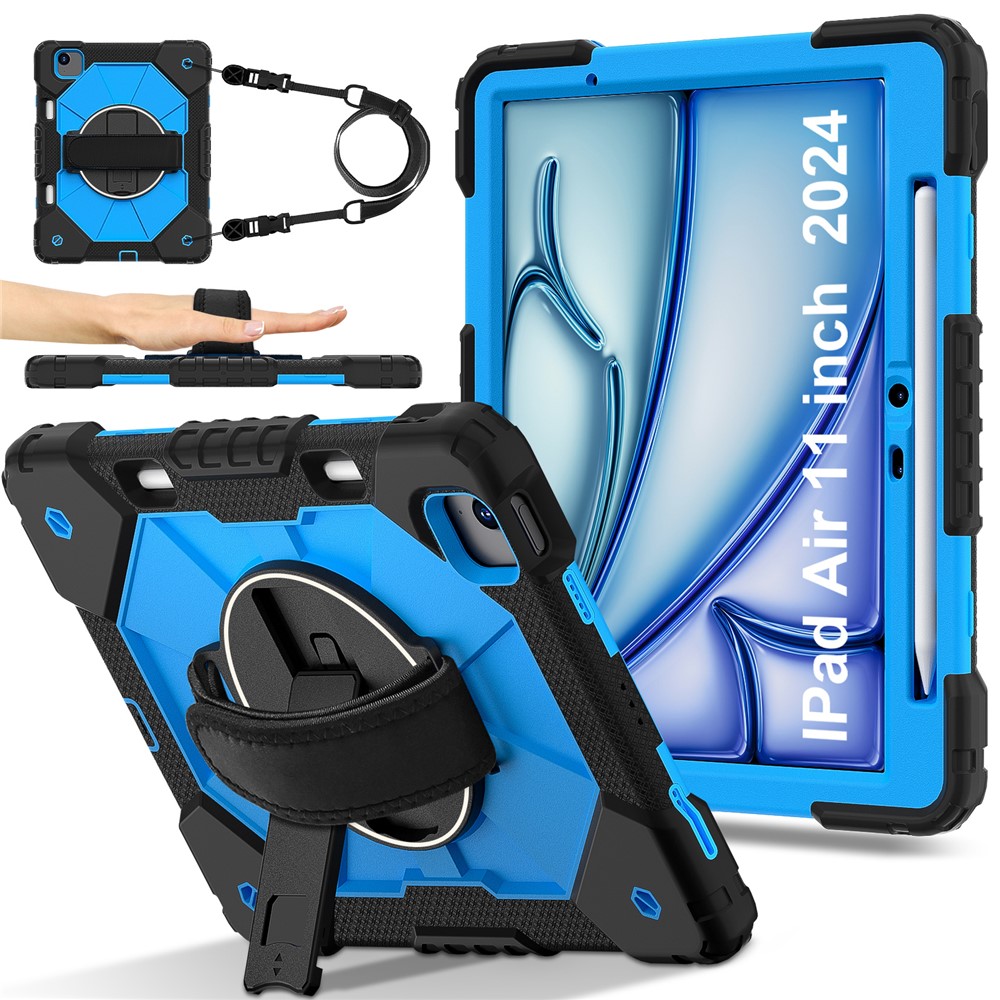 For iPad Air 11 (2025) / (2024) Case Silicone+PC Kickstand Tablet Cover with Shoulder Strap - Black / Blue