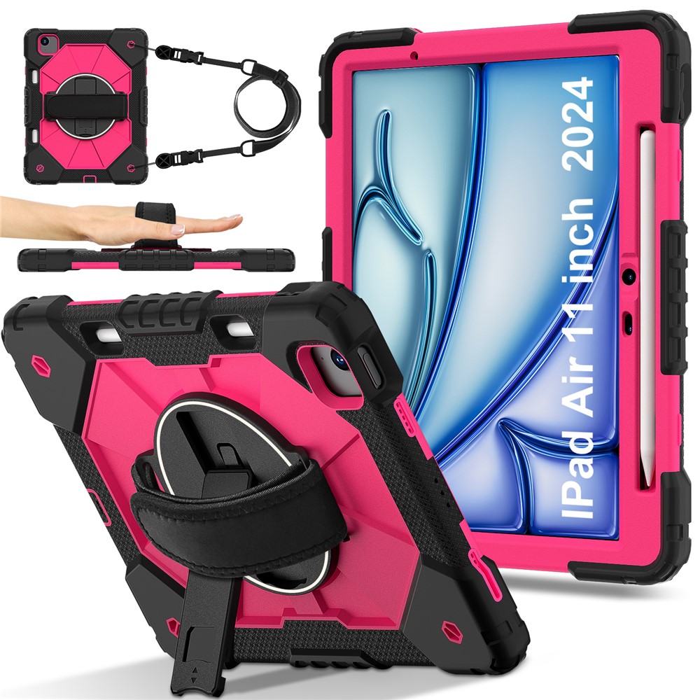 For iPad Air 11 (2025) / (2024) Case Silicone+PC Kickstand Tablet Cover with Shoulder Strap - Black / Rose